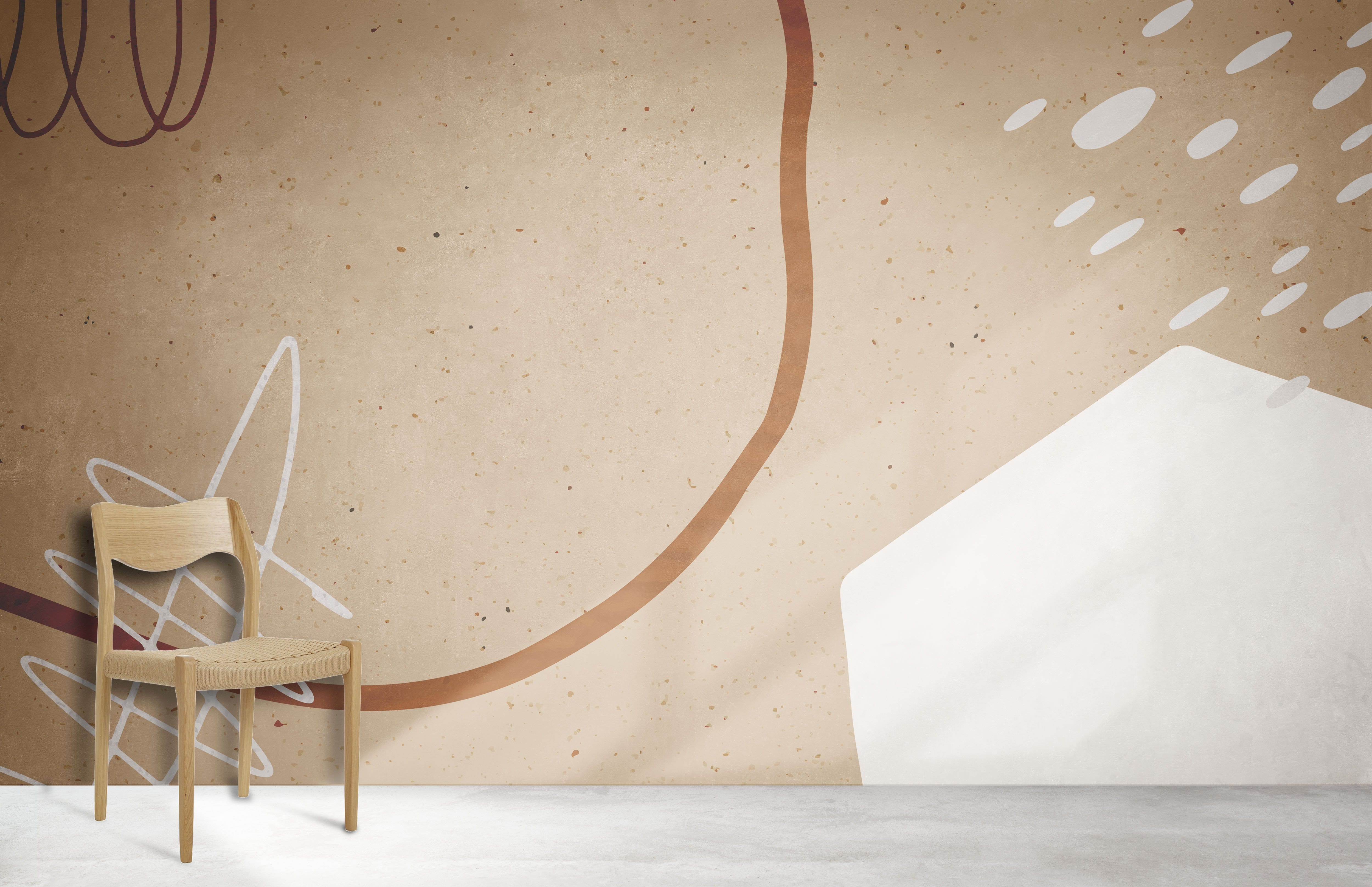 Contemporary Earth Tones Abstract Pattern Mural Wallpaper, wooden chair, concrete floor in modern space.