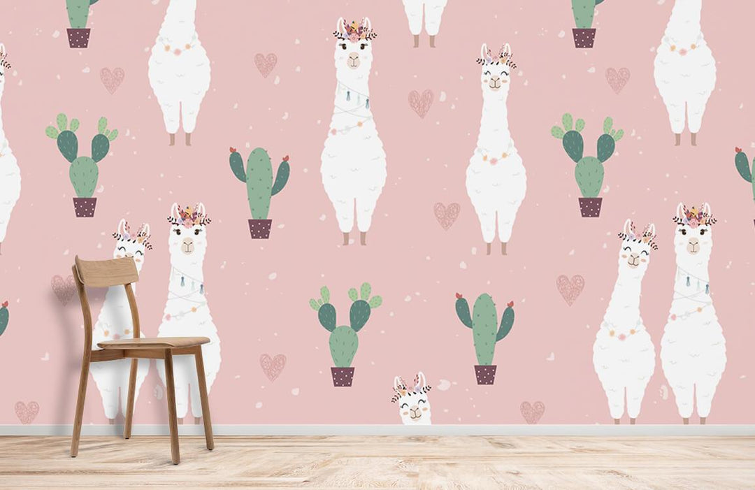 Charming llama and cactus nursery wallpaper, pink pastel, wooden chair, light wood flooring, playful Décor.