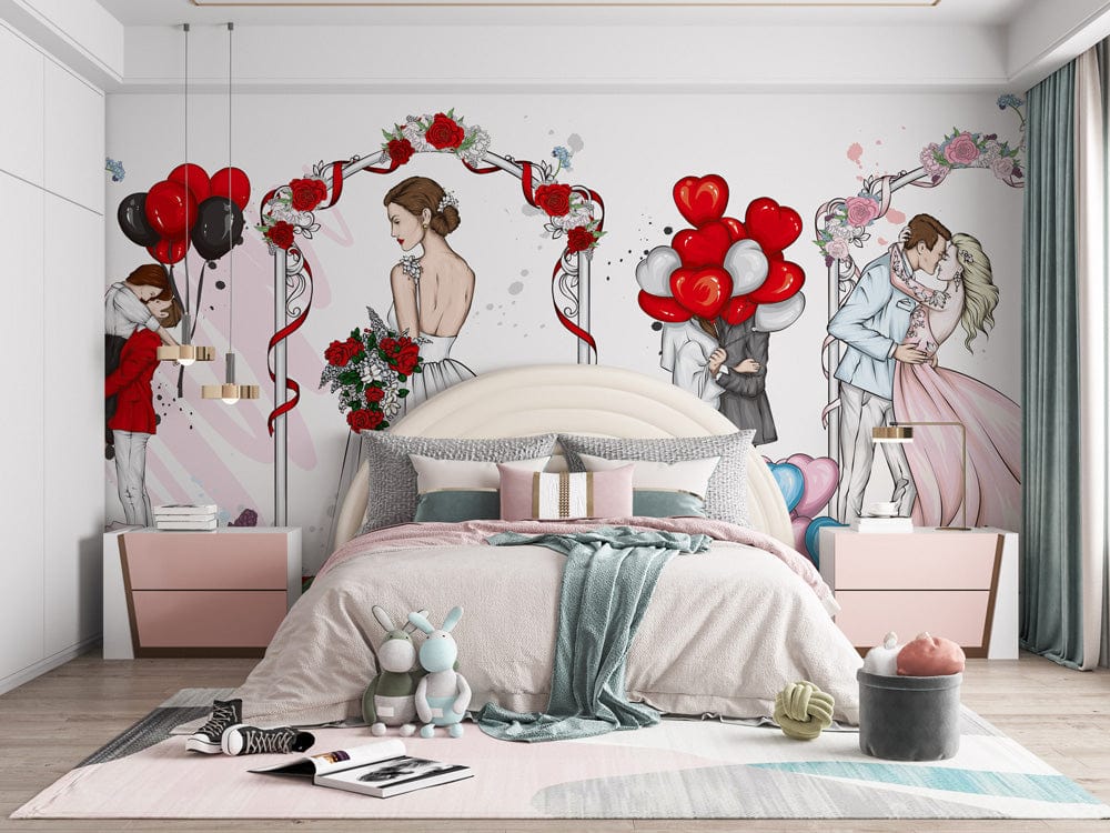 Bedroom with romantic pastel mural wallpaper, red rose accents, modern bed, pastel decor, wood flooring.