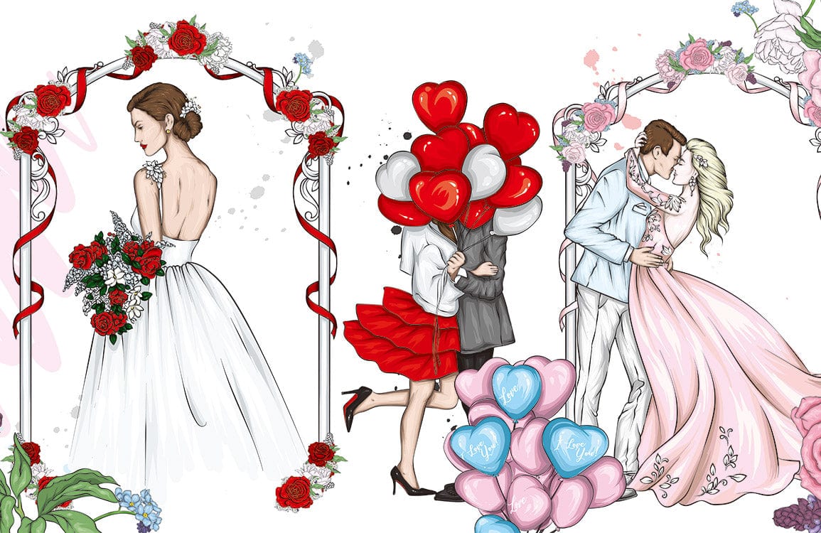 Romantic Wedding-Themed Pastel Mural Wallpaper with Red Rose Accents
