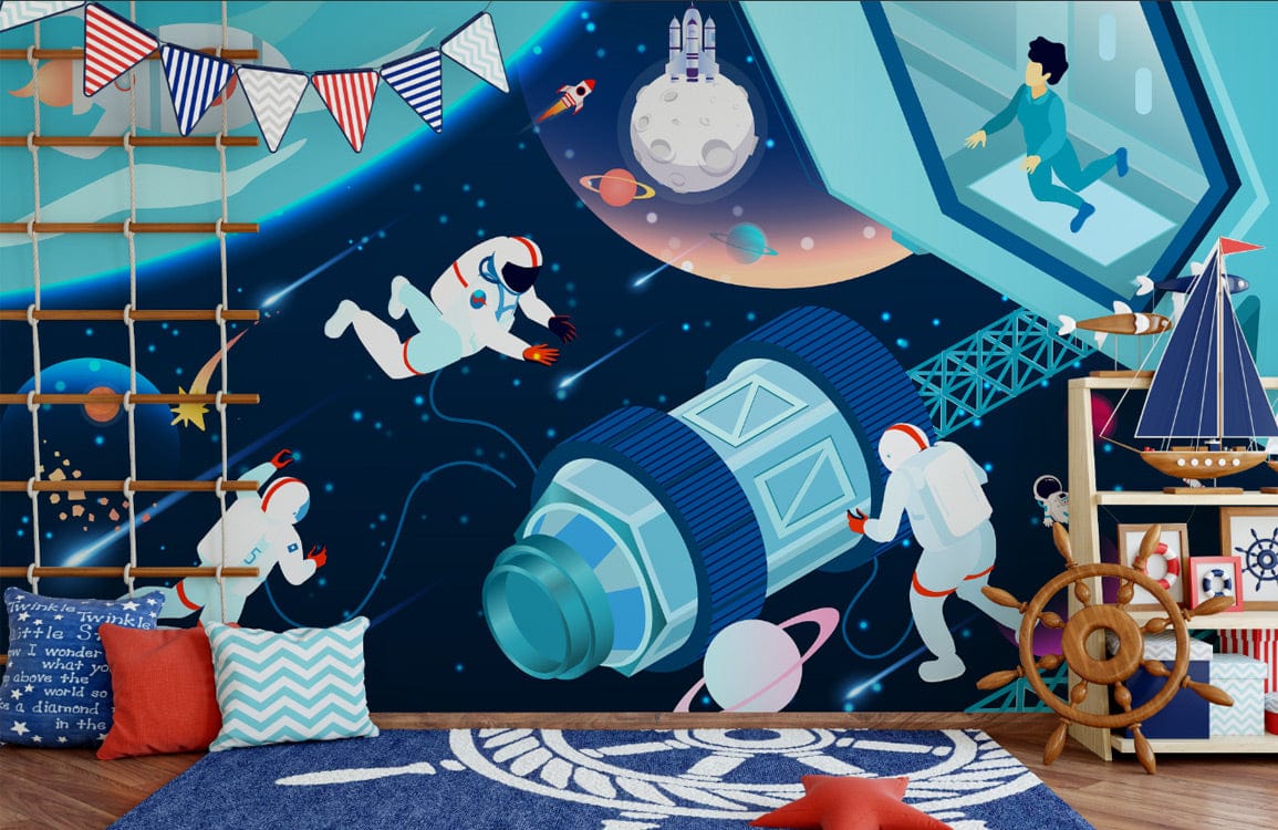 Vibrant mural wallpaper with astronauts, rockets; nautical-themed decor, blue rug, wooden flooring in children's room.
