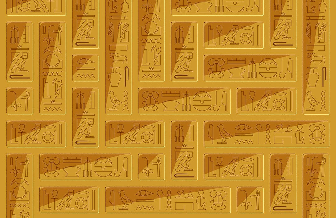 Ancient Egyptian Hieroglyphic Inspired Gold Pattern Mural Wallpaper Design
