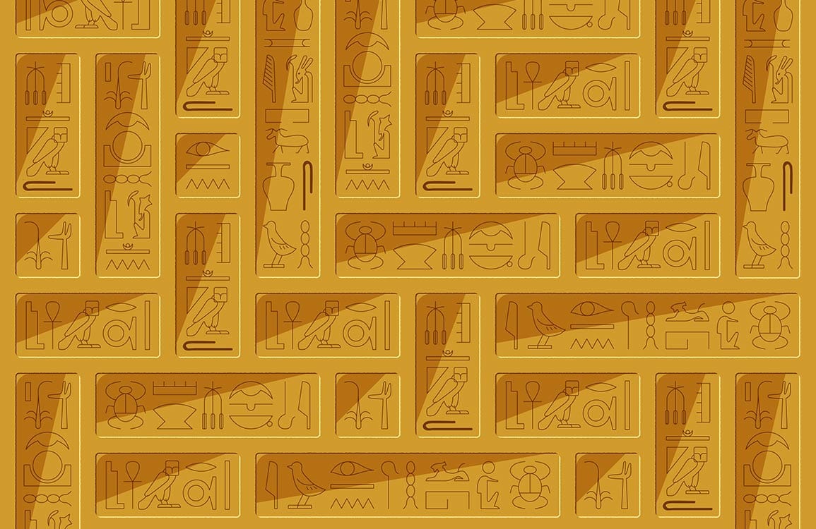 Ancient Egyptian Hieroglyphic Inspired Gold Pattern Mural Wallpaper Design