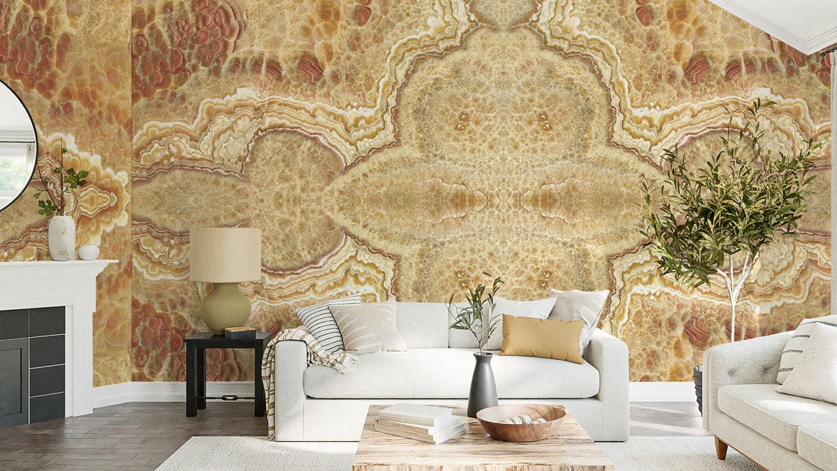 Vintage beige and brown marble pattern wallpaper; modern living room, neutral sofa, stylish decor.