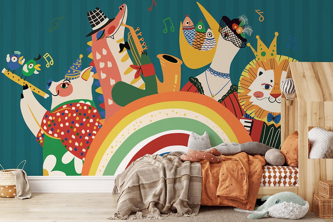 Colourful animal orchestra mural wallpaper in vibrant playroom with wooden flooring and cosy cushions.