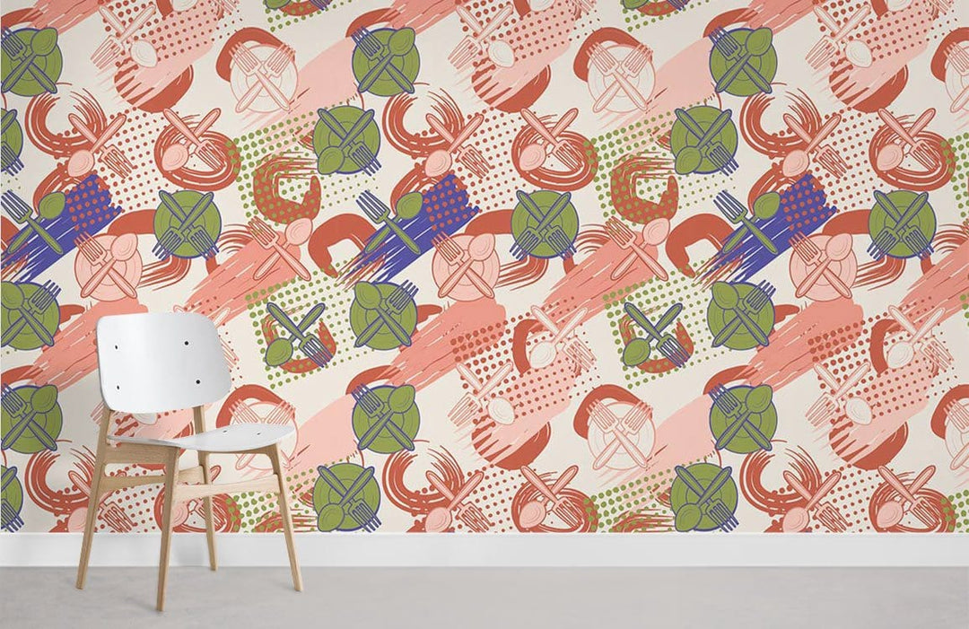 Artistic Retro Abstract Geometric Wallpaper in vibrant colours, with white chair on light flooring.