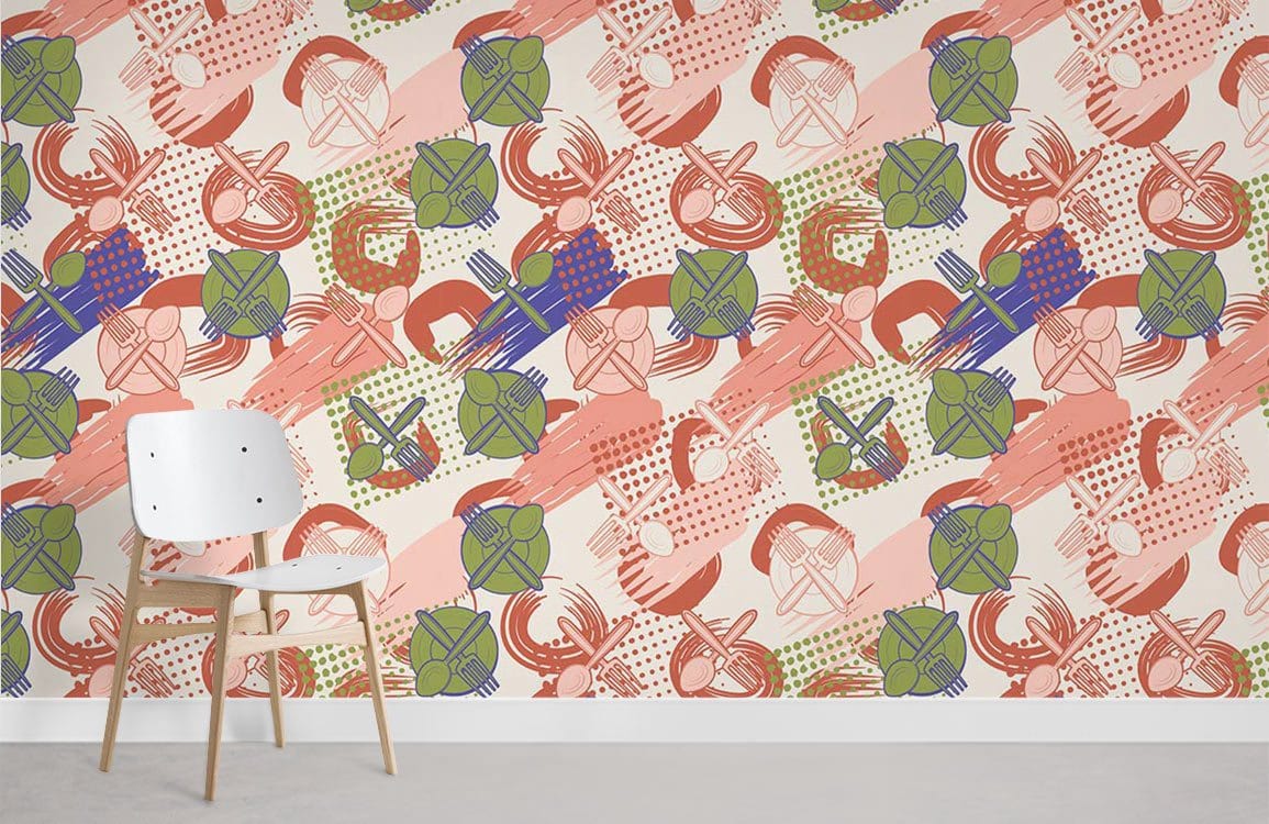 Artistic Retro Abstract Geometric Wallpaper in vibrant colours, with white chair on light flooring.