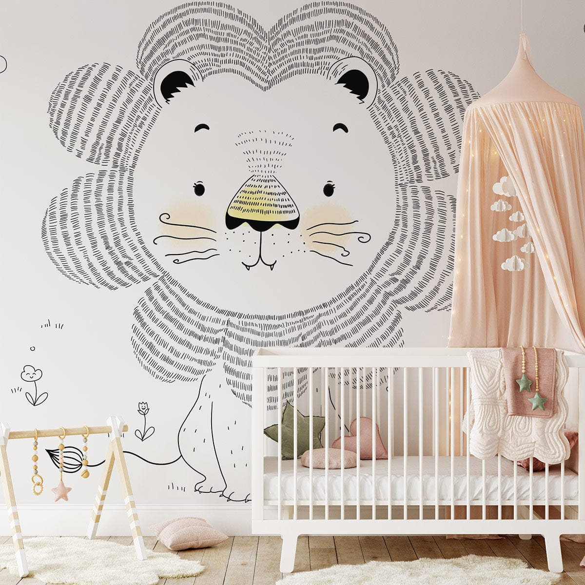 Grey lion nursery wallpaper, white crib, wooden floor, pink canopy, nursery room, illustrated wall design.