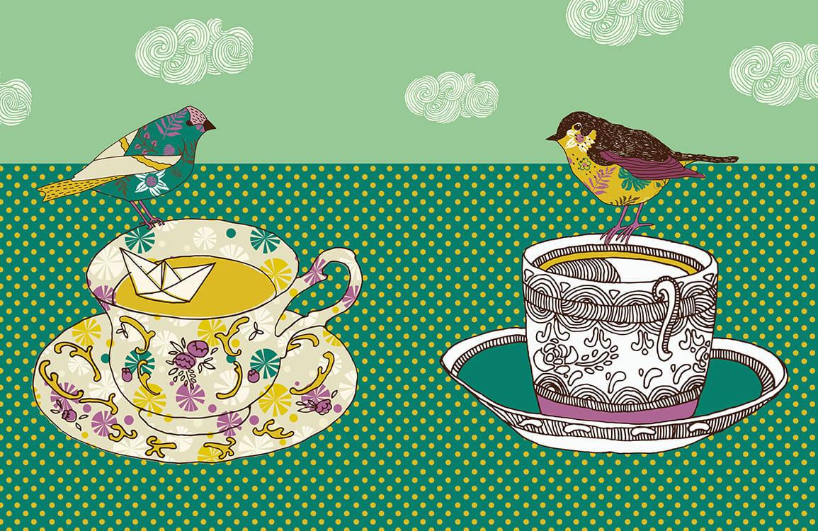 Vintage Teacup Bird Motif Wallpaper in Green with Whimsical Design