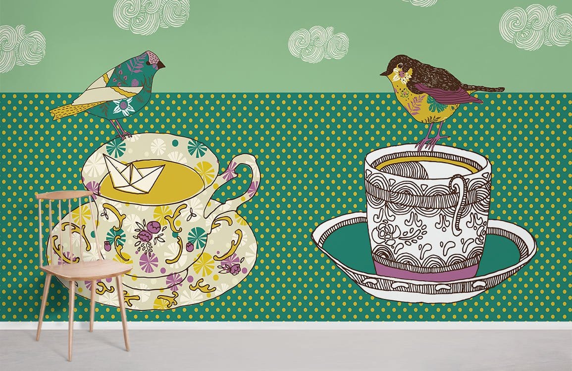Teapots and Birds wallpaper mural