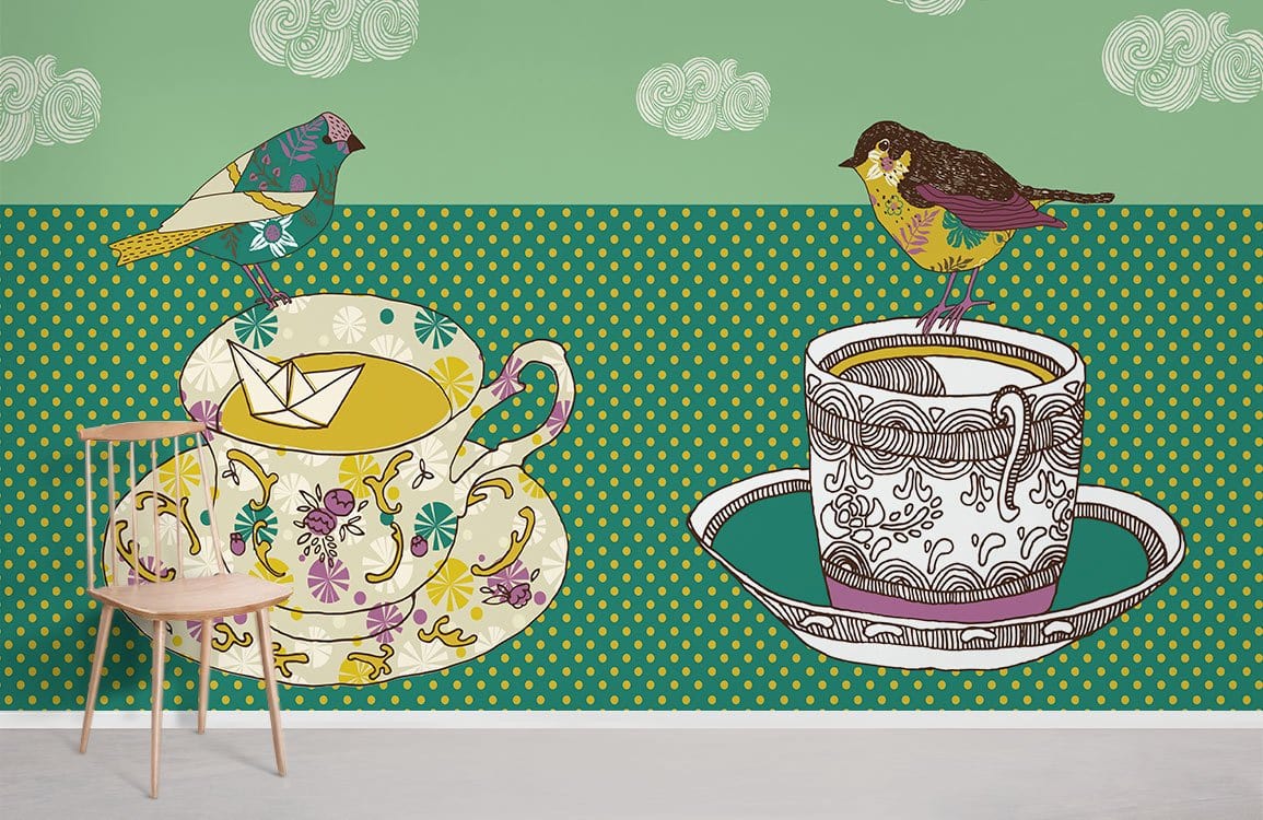 Vintage teacup wallpaper, bird motif on green; wooden chair, whimsical room decor, playful style.