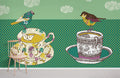 Teapots and Birds Wallpaper Mural