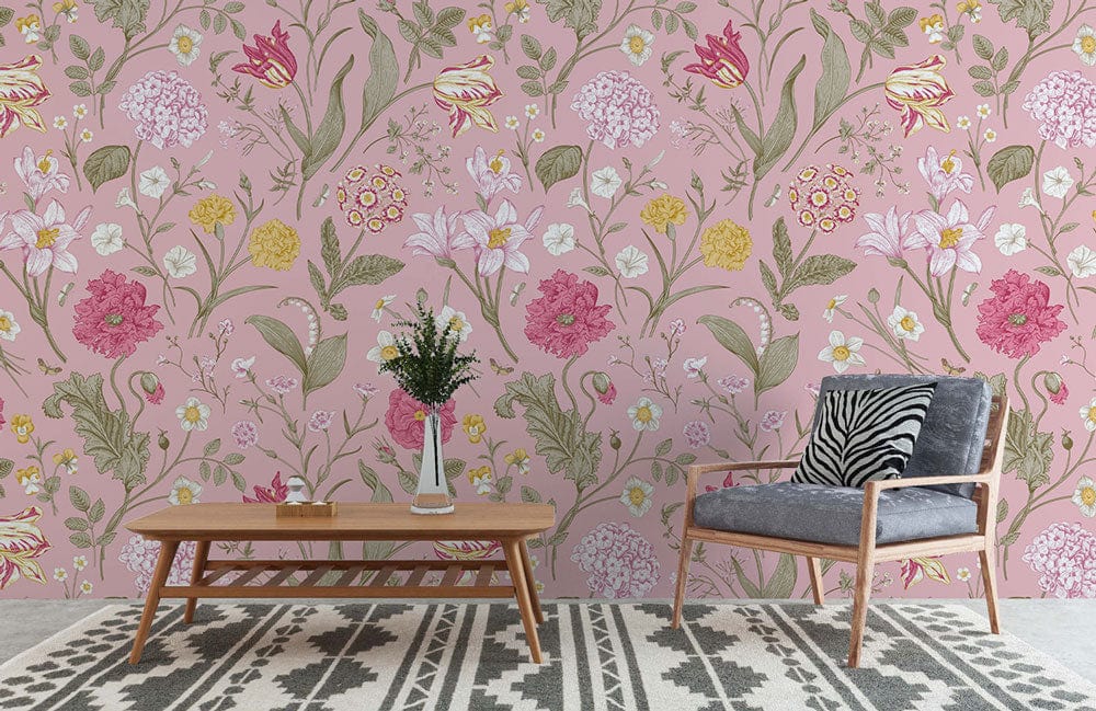 Tender Pink Flowers Wall Mural | Aesthetic Floral Wall Mural UK