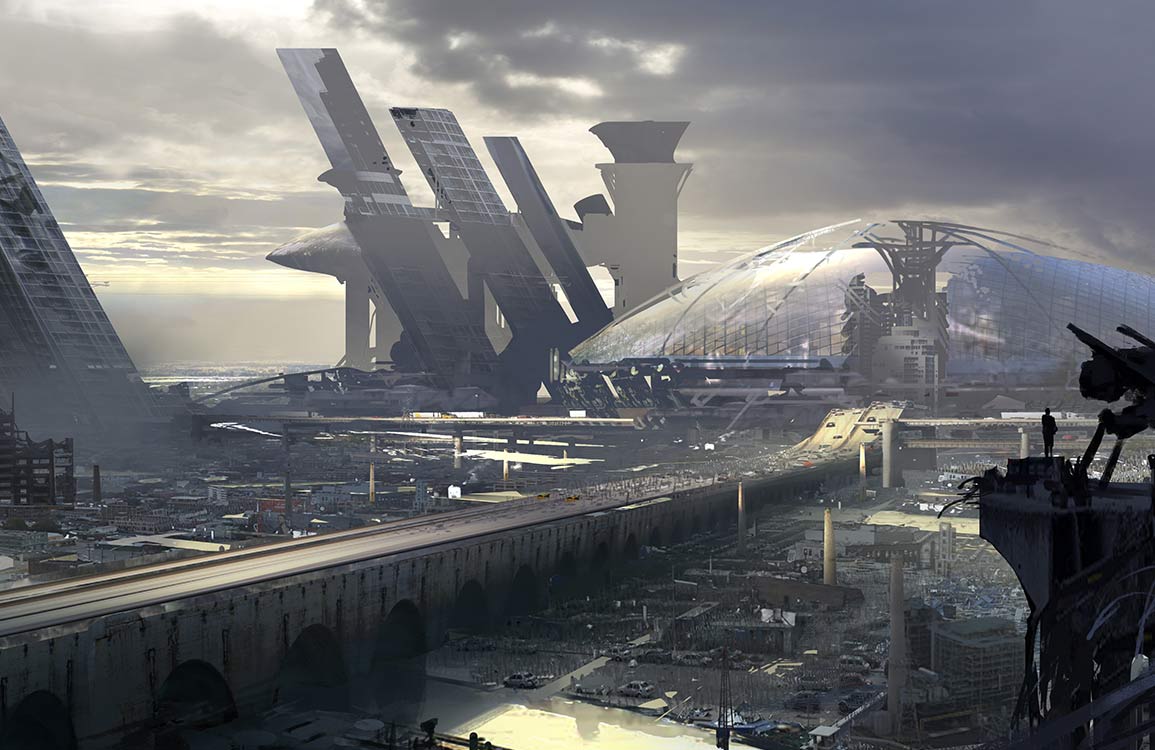 Futuristic Urban Landscape Mural Wallpaper in Moody Greys and Blues