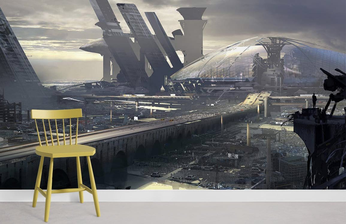 Futuristic urban landscape mural in moody greys and blues, featuring yellow chair, minimalist room decor.