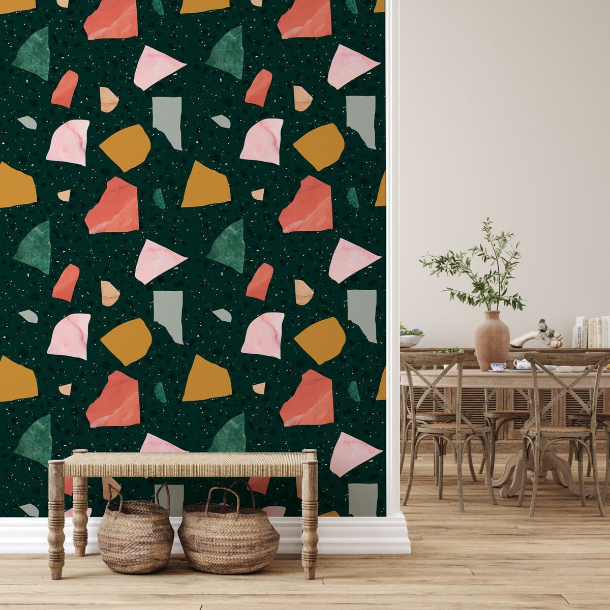 Abstract terrazzo wallpaper in modern dining room with wooden furniture and neutral wall Décor.