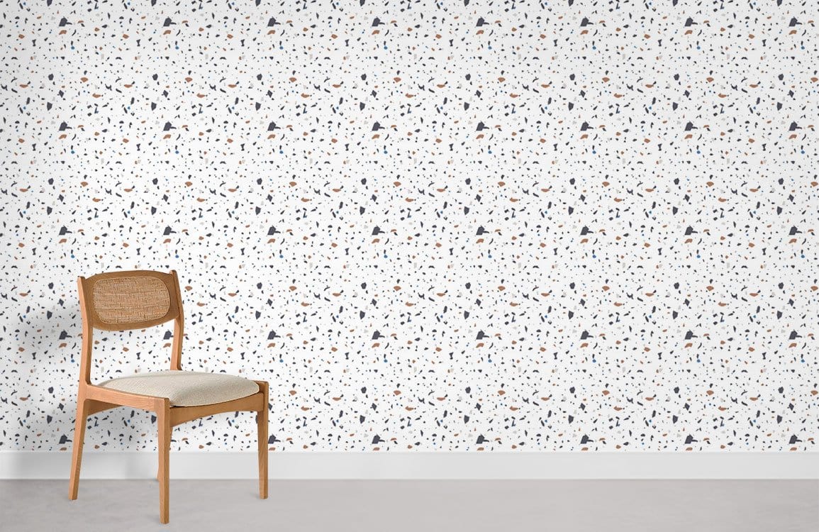 Modern room featuring Retro Terrazzo Pattern Wallpaper in White and Grey with wooden chair and grey flooring.