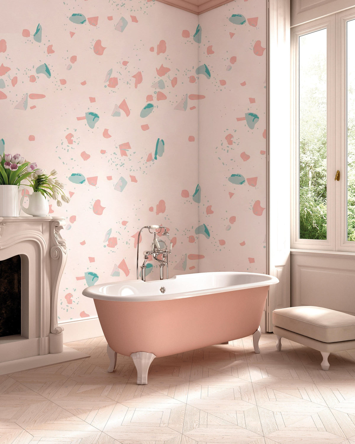 Modern bathroom with Pastel Abstract Terrazzo Wallpaper, pink bathtub, herringbone floor, and white fireplace.