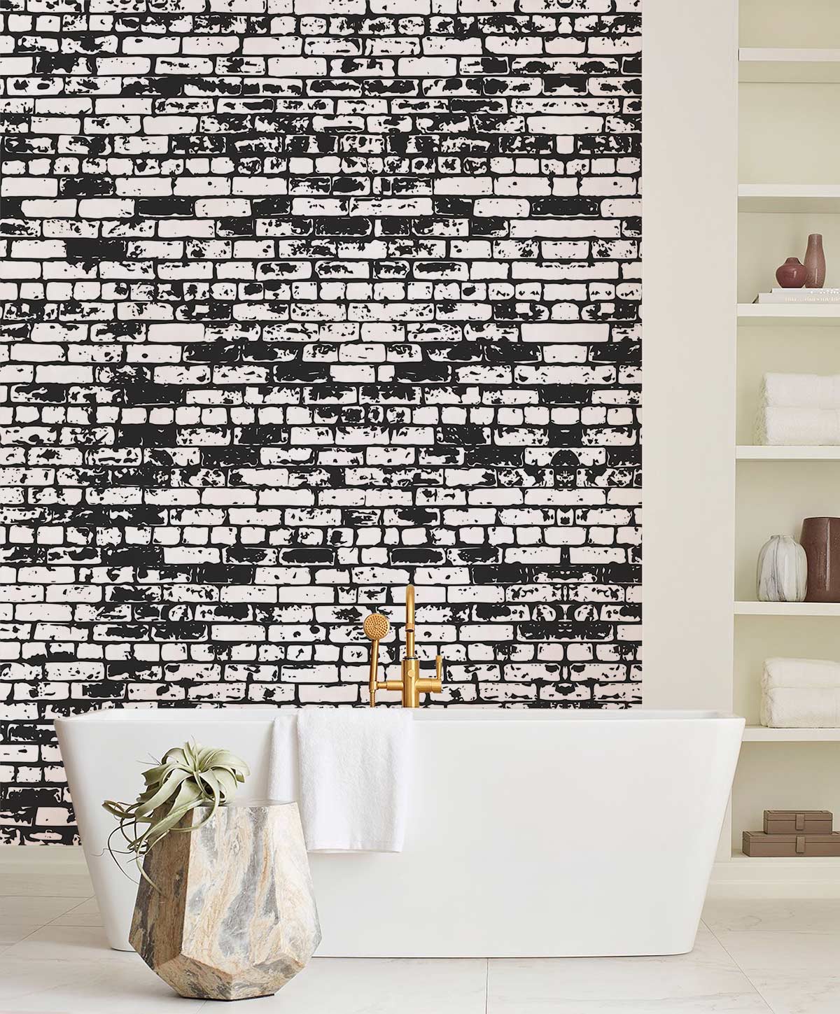 Urban Chic graffiti mural with modern white bathtub and minimalist shelving in stylish bathroom setting.