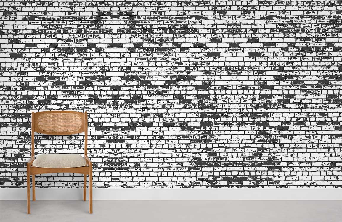 Urban Chic graffiti brick mural wallpaper, wooden chair on grey flooring, modern living room style.