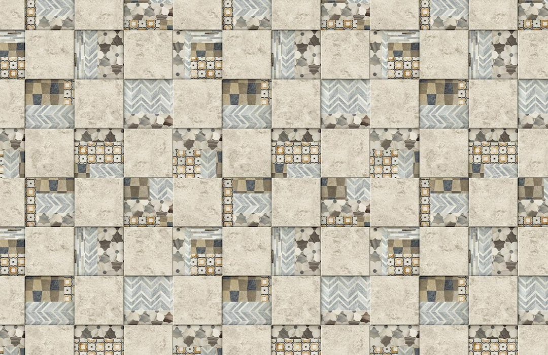 Vintage Patchwork Geometric Tiles Wallpaper in Neutral Tones for Modern Homes
