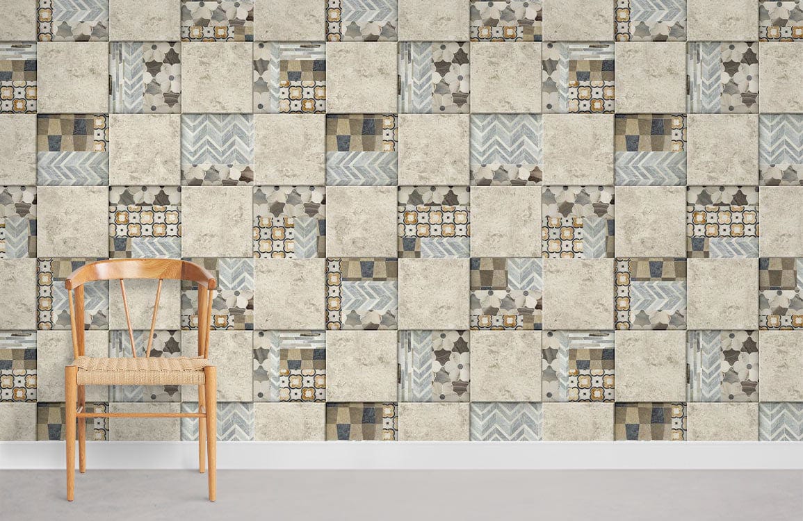 Vintage Patchwork Geometric Tiles Wallpaper, neutral tones, modern room, wooden chair, grey flooring.