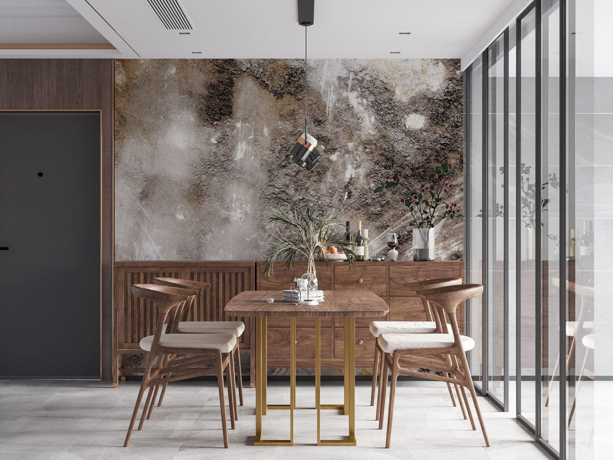 Industrial Concrete Textured Wallpaper in dining room with wooden furniture, modern pendant light, glass doors.