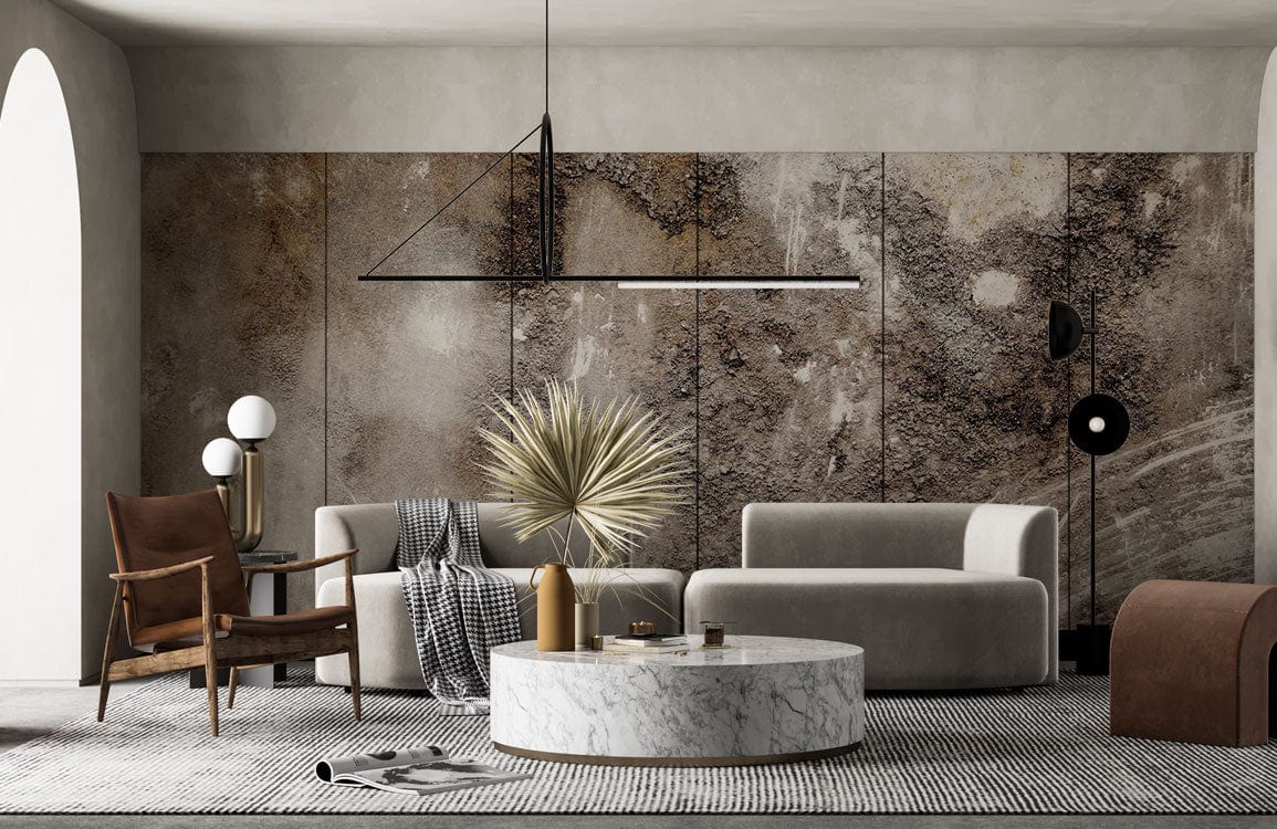 Industrial concrete textured wallpaper in earthy tones, modern sofas, marble coffee table, contemporary living room.