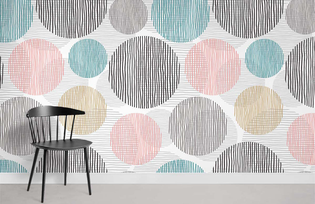 Contemporary pastel geometric circles wallpaper with modern striped design, black chair, grey flooring.