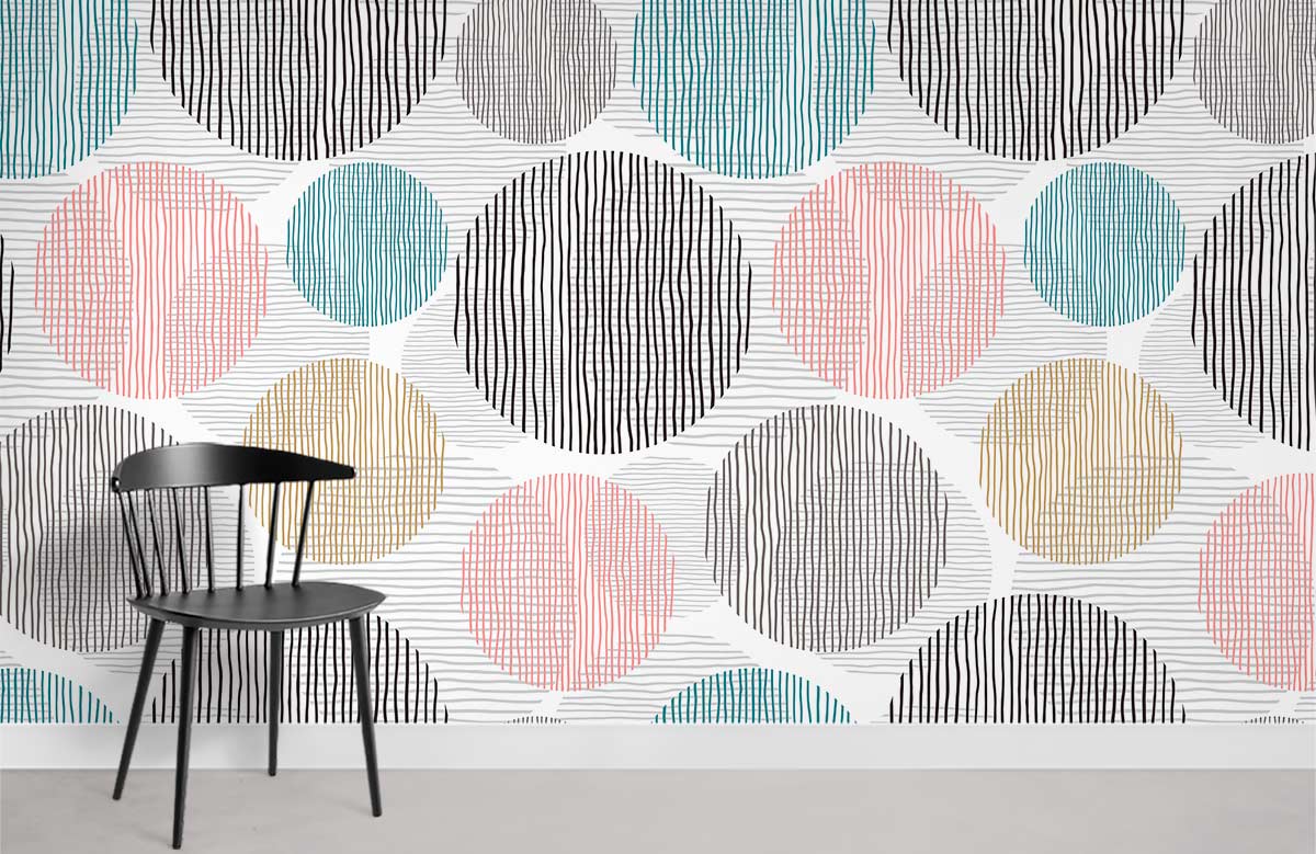 Contemporary pastel geometric circles wallpaper with modern striped design, black chair, grey flooring.
