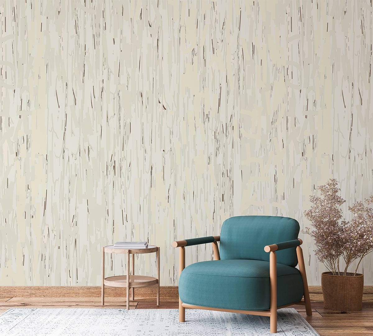 Elegant cream and beige striped wallpaper, contemporary style, with teal chair and wooden flooring.