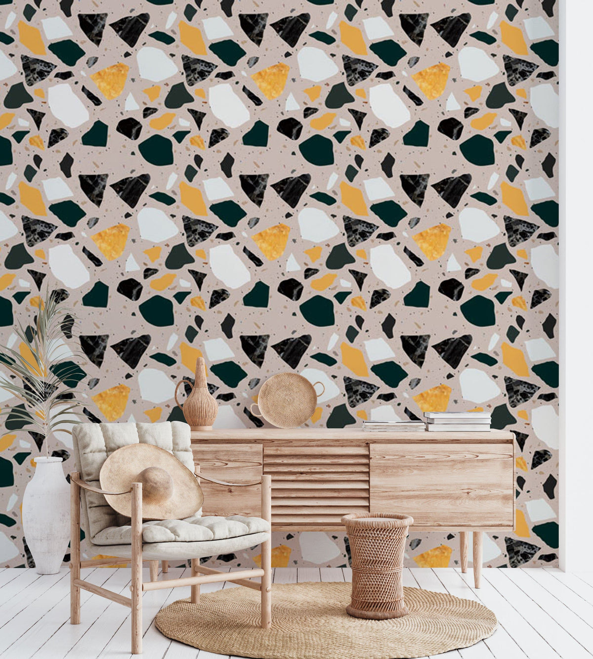 Eclectic geometric patterned wallpaper in earthy tones, featuring a wooden chair and sideboard in living room.