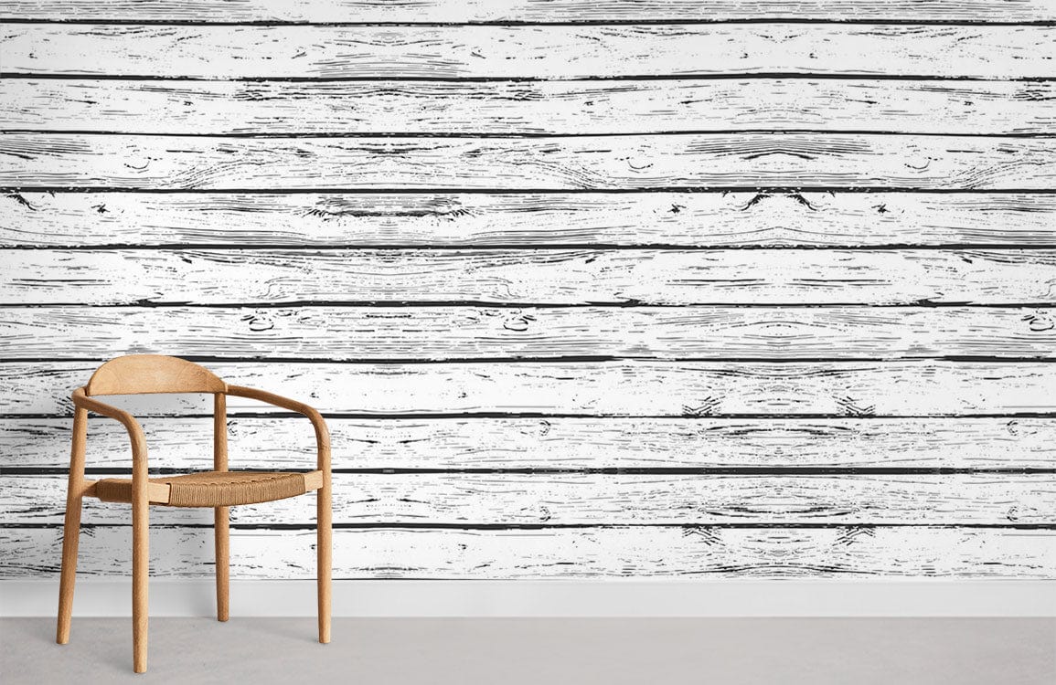 Vintage rustic white wood plank wallpaper with natural wood chair, concrete flooring in modern interior.