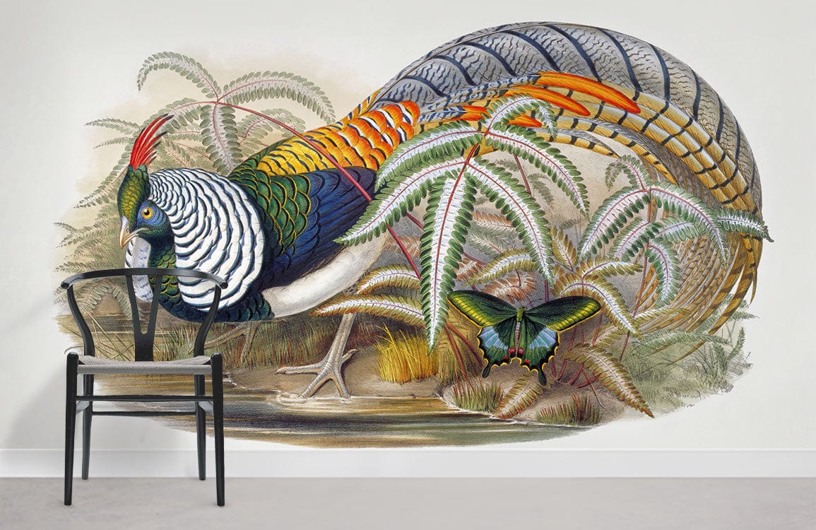 Tropical bird and butterfly vintage mural wallpaper with modern chair; light wall, grey floor.