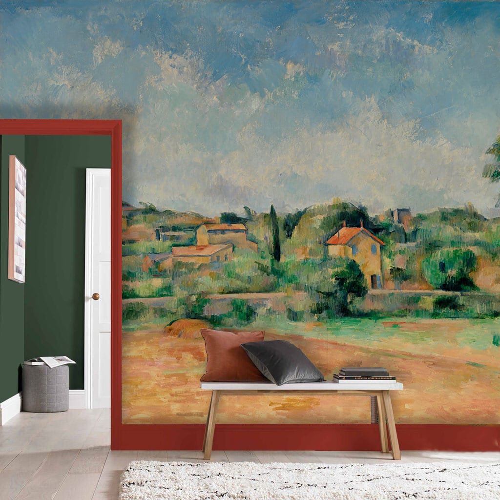Impressionist countryside landscape mural in pastels, featuring wooden flooring and a neutral rug in lounge.