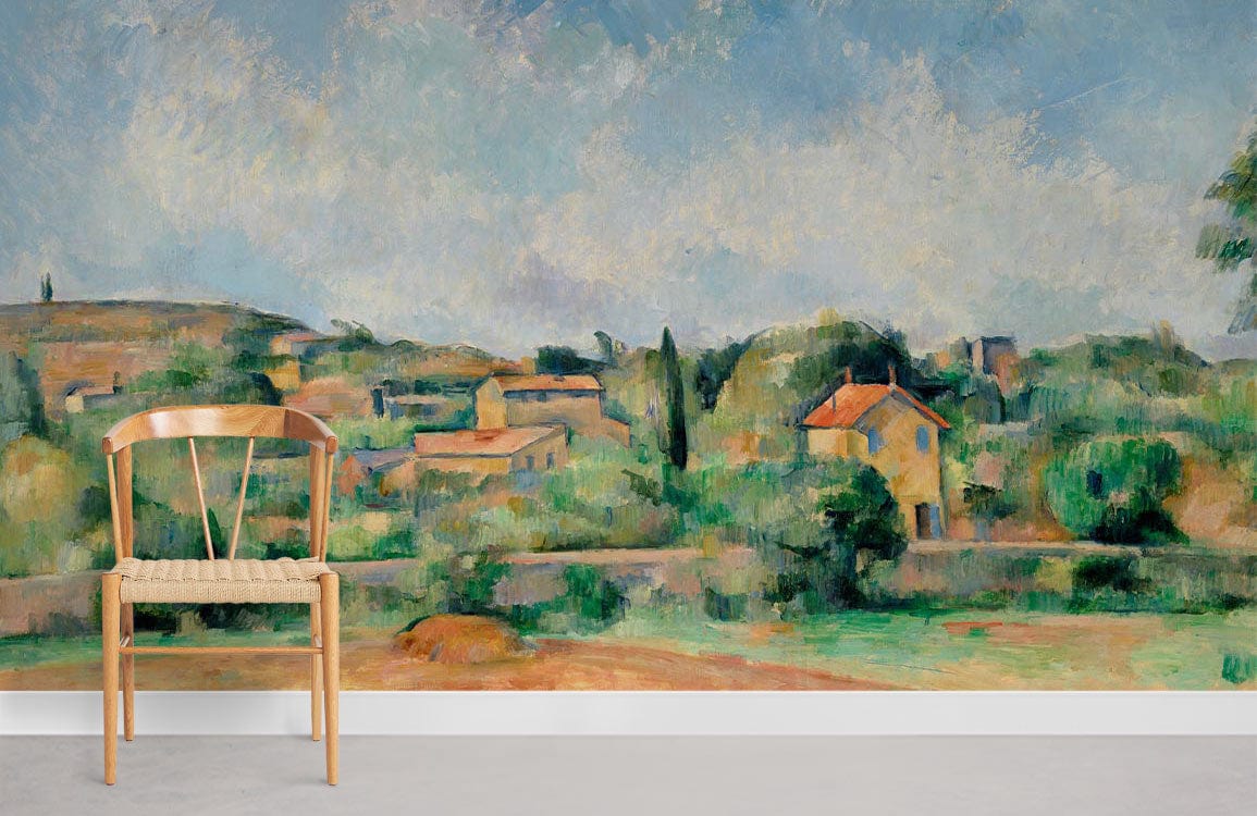 Impressionist landscape mural wallpaper in pastels with wooden chair, light grey floor, serene room setting.