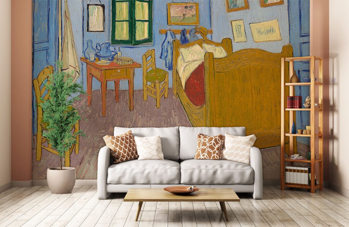 Vincent-inspired blue mural wallpaper, rustic charm, beige sofa, light wood flooring, cosy living room.