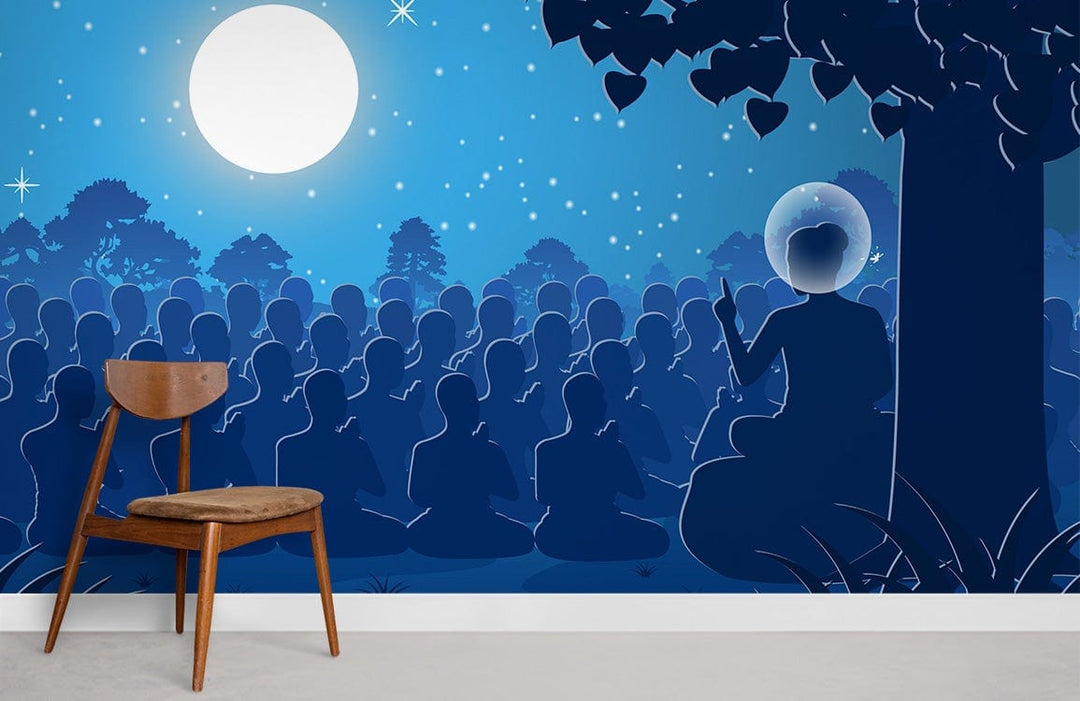 Moonlit Meditation Mural Wallpaper Art Decor with wooden chair, blue silhouette, modern room style.