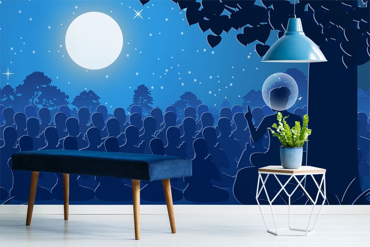 Moonlit Meditation mural wallpaper in blue room with velvet bench and pendant lamp for meditation Décor.