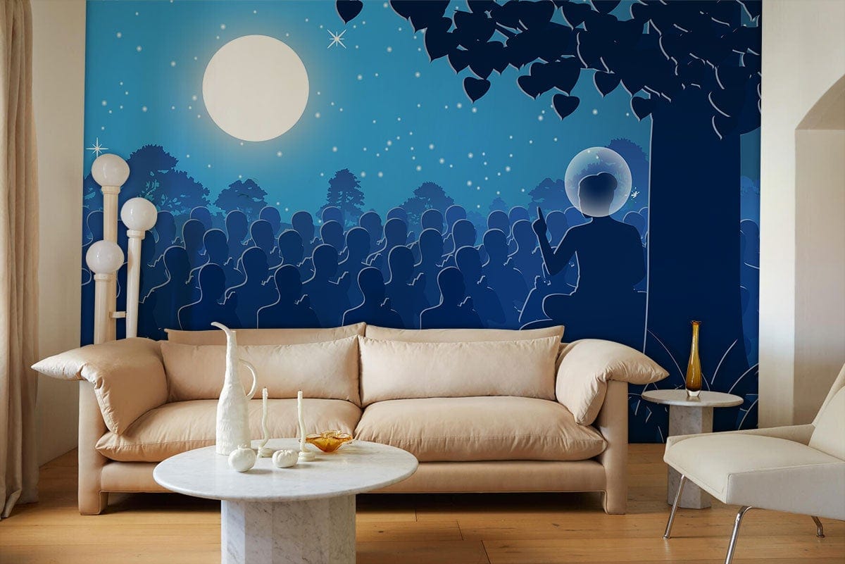 Moonlit Meditation Wallpaper: Elegant lounge with abstract mural, beige sofa, marble table, wooden flooring.