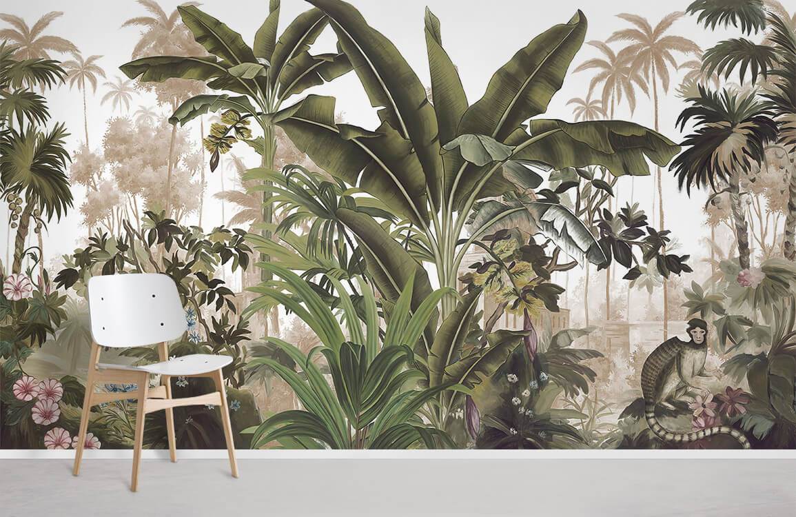 Lush tropical jungle mural wallpaper, featuring exotic foliage with white chair, grey flooring.