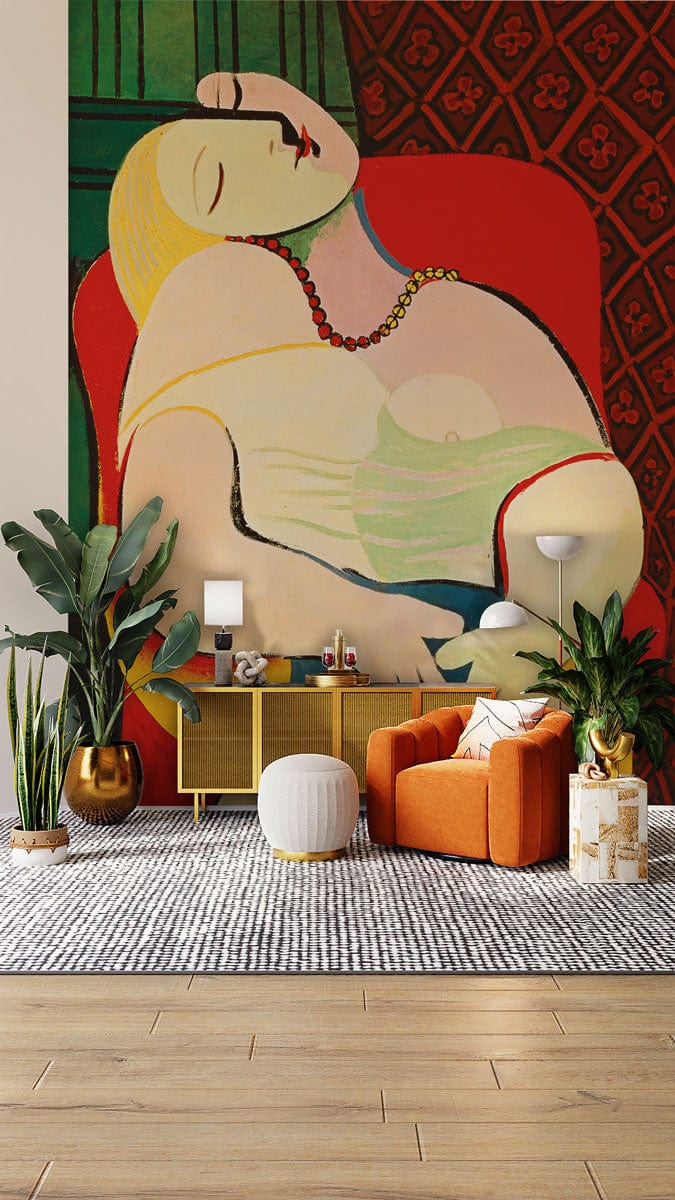 Colourful geometric mural wallpaper on living room wall, paired with orange armchair, wooden flooring decor.