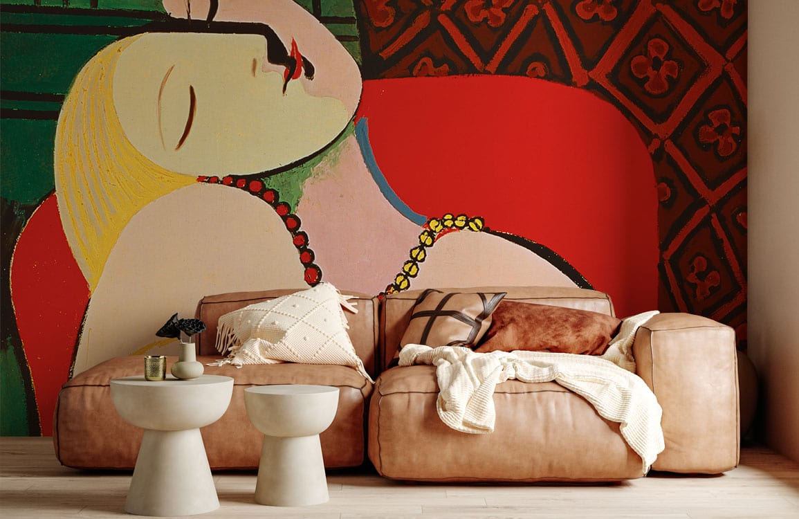 Abstract art-inspired colourful mural wallpaper, tan leather sofa, modern interior, light wood flooring, lounge area.