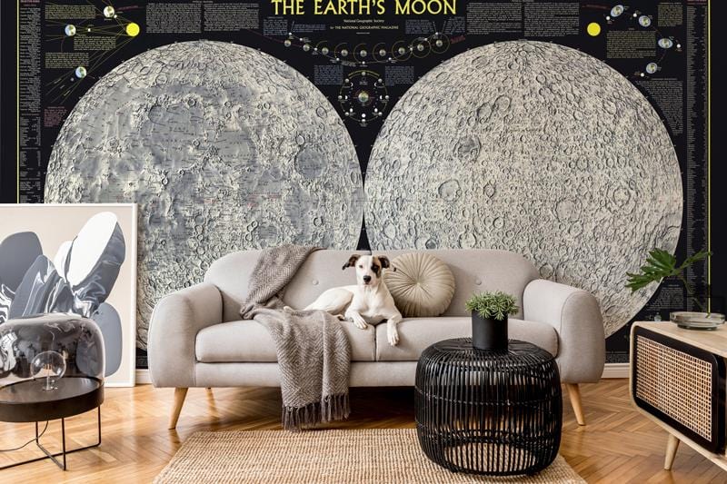 Vintage Moon Phases mural wallpaper, neutral sofa, wooden flooring, modern black table in cosy living room.
