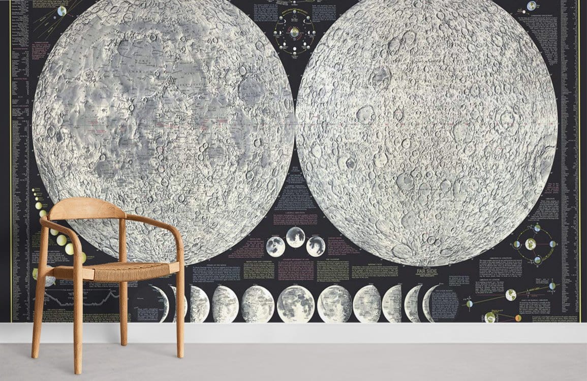 Vintage Moon Phases mural wallpaper in black-grey tones; wooden chair; minimalistic decor; bright room.