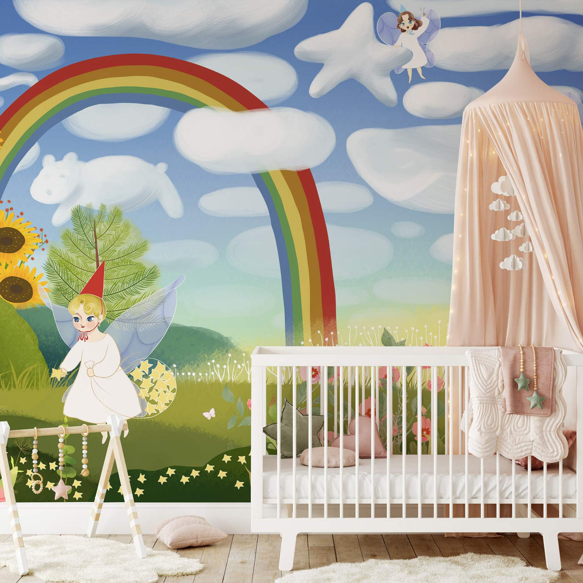 Whimsical Fairyland Adventure Mural with rainbow, sunflower, nursery decor; crib, pink canopy, flooring included.