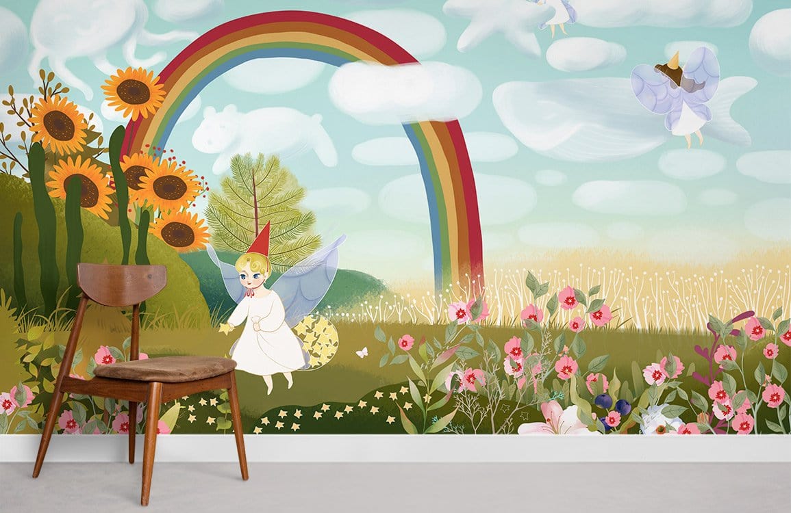 Whimsical Fairy Tale Rainbow and Angel Mural Wallpaper for kids' room, wooden chair, floral theme.