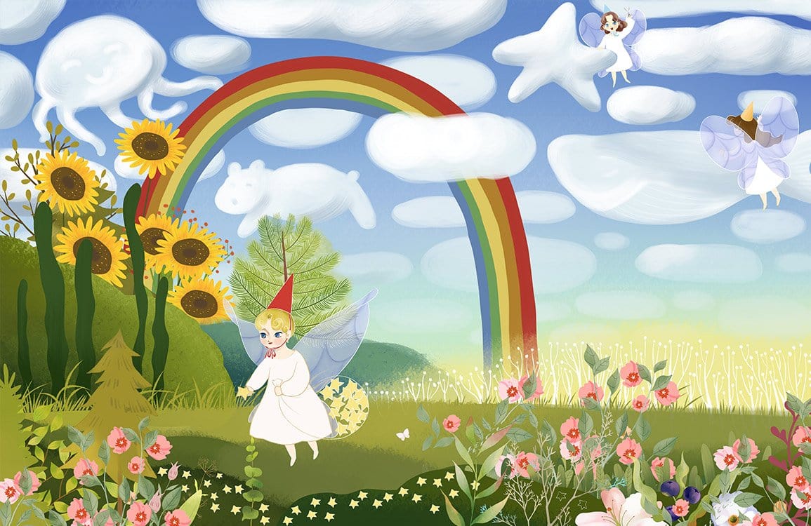 Whimsical Fairyland Adventure Mural with Rainbow and Sunflower Dreams Wallpaper