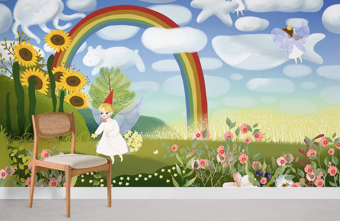 Whimsical Fairyland Adventure Mural Wallpaper with rainbow, sunflowers, in bright living room, wooden chair.