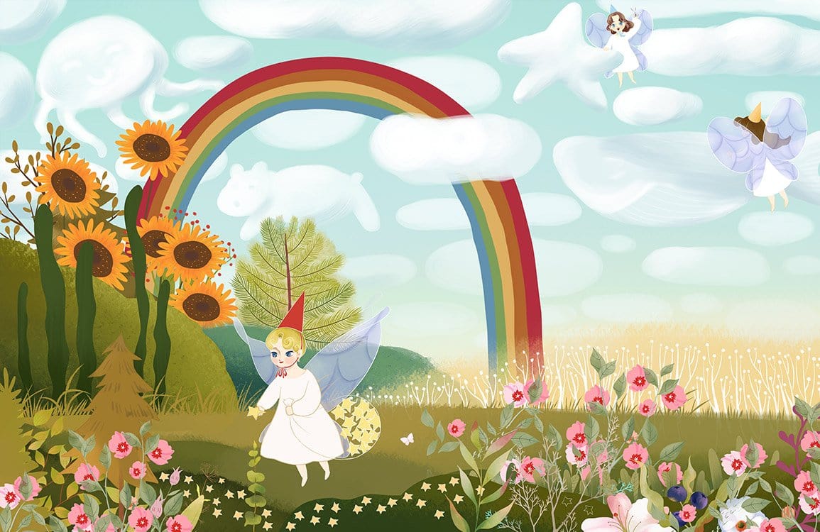 Whimsical Fairy Tale Rainbow and Angel Mural Wallpaper for Kids' Rooms